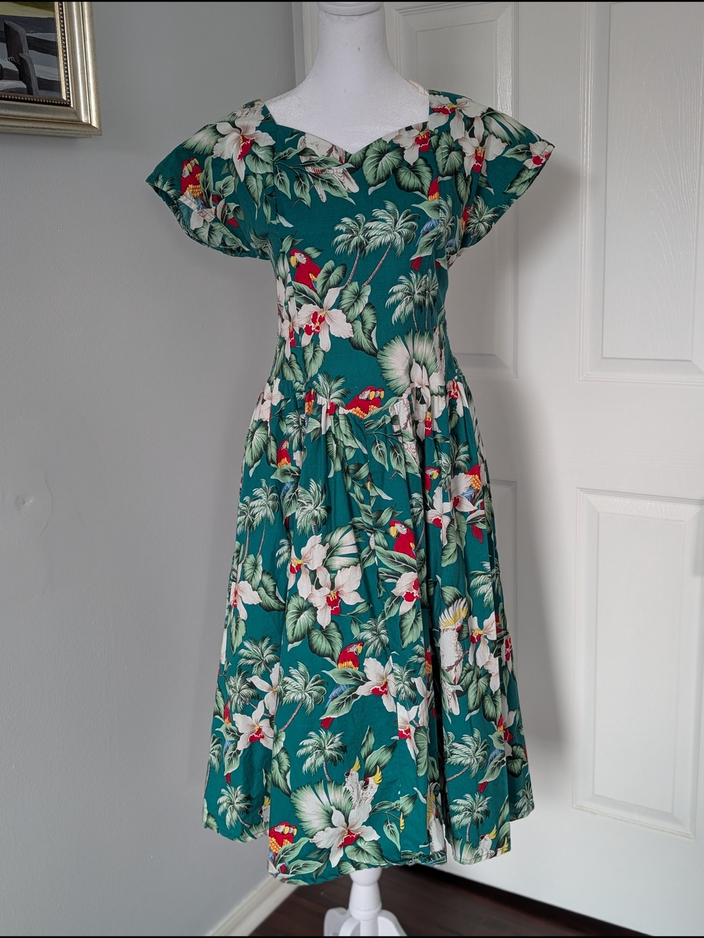 Evergreen Island Hawaii Colorful Tropical Macaw Print on Green Maxi Dress